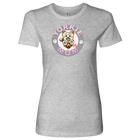 a womans grey tshirt with a yorkie dog drawing on the front