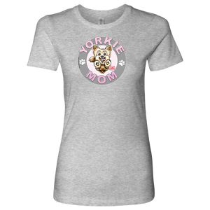 a womans grey tshirt with a yorkie dog drawing on the front