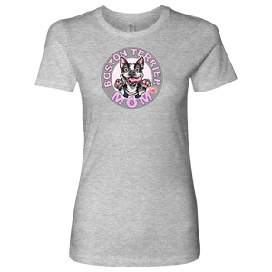 a heather grey shirt with the OMG You're Home! Boston Terrier dog Mom design on the front in pink letters