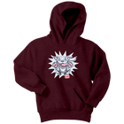 Front view of a youth dark red hoodie featuring the OMG Blue Nose Pit Bull design