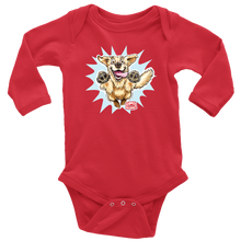 Load image into Gallery viewer, A red long-sleeve onesie featuring the original happy and excited Golden Retriever on the front