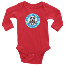 Load image into Gallery viewer, a red ong sleeve baby bodysuit with the OMG Boston Terrier welcome home design