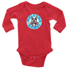 a red ong sleeve baby bodysuit with the OMG Boston Terrier welcome home design