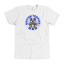 Load image into Gallery viewer, A men&#39;s white t-shirt featuring the original OMG You&#39;re Home Boston Terrier dog design on the front