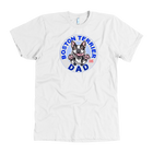 A men's white t-shirt featuring the original OMG You're Home Boston Terrier dog design on the front