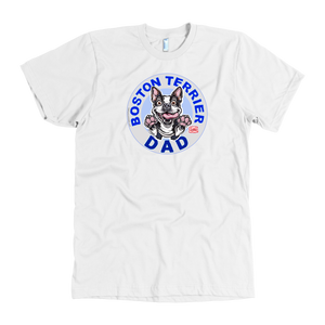 A men's white t-shirt featuring the original OMG You're Home Boston Terrier dog design on the front