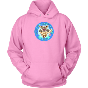 A bright pink hoodie with the golden retriever mom design by OMG You're Home! on the front