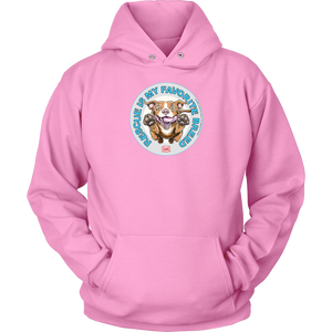 front view of a pink unisex hoodie featuring original Red Nose Pitbull rescue artwork by OMG You're HOME!