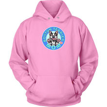 Load image into Gallery viewer, front view of a bright pink hoodie featuring the OMG Boston Terrier dog mom design in full color