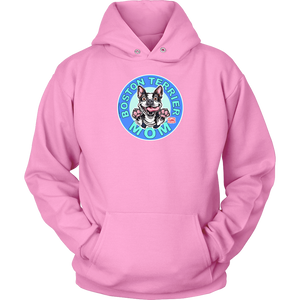 front view of a bright pink hoodie featuring the OMG Boston Terrier dog mom design in full color