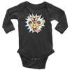 A black long-sleeve onesie featuring the original happy and excited Golden Retriever on the front
