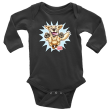 Load image into Gallery viewer, A black long-sleeve onesie featuring the original happy and excited Golden Retriever on the front