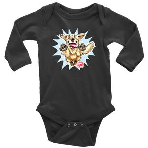 A black long-sleeve onesie featuring the original happy and excited Golden Retriever on the front