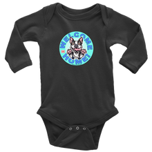 Load image into Gallery viewer, a long sleeve baby bodysuit with the OMG Boston Terrier welcome home design