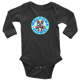 a long sleeve baby bodysuit with the OMG Boston Terrier welcome home design
