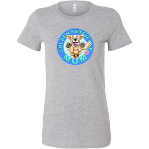 A women's heather grey t-shirt featuring the OMG You're Home! Golden Retriever artwork 