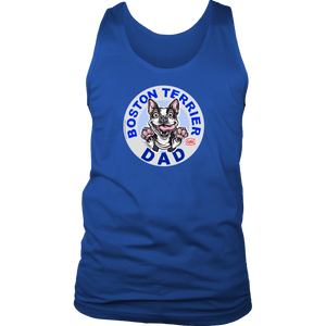 a royal blue tank top with the OMG You're Home! Boston Terrier dog dad design