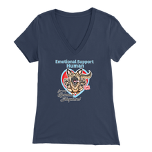 Load image into Gallery viewer, A woman&#39;s navy blue v-neck shirt featuring the OMG You&#39;re Home! German Shepherd dog design with the text &quot;Emotional Support Human&quot;.