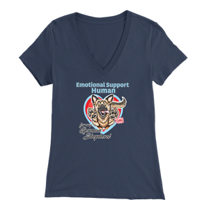 A woman's navy blue v-neck shirt featuring the OMG You're Home! German Shepherd dog design with the text "Emotional Support Human".