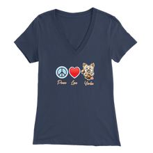 Load image into Gallery viewer, navy blue Bella Womens V-Neck Shirt featuring the Peace Love Yorkie dog design from OMG You&#39;re HOME!