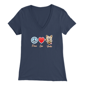 navy blue Bella Womens V-Neck Shirt featuring the Peace Love Yorkie dog design from OMG You're HOME!