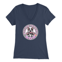 Load image into Gallery viewer, a woman&#39;s navy v-neck shirt with the OMG You&#39;re Home! Boston Terrier dog Mom design on the front in pink letters