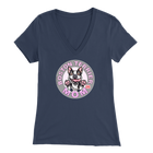 a woman's navy v-neck shirt with the OMG You're Home! Boston Terrier dog Mom design on the front in pink letters