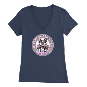 a woman's navy v-neck shirt with the OMG You're Home! Boston Terrier dog Mom design on the front in pink letters