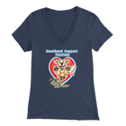 a women's navy blue v-neck shirt with the OMG You're Home! Golden Retriever dog design on the front
