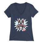 a womens navy blue v-neck shirt with the Boston Terrier dog design by OMG You're Home! on the front
