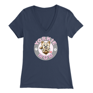 a women's navy blue v-neck shirt with the OMG You're Home! Yorkie dog mom design on the front