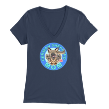 Load image into Gallery viewer, a women&#39;s navy blue v neck shirt with the OMG You&#39;re Home! German Shepherd dog mom design on the front