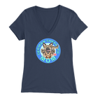 a women's navy blue v neck shirt with the OMG You're Home! German Shepherd dog mom design on the front