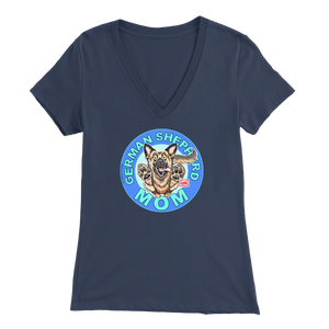 a women's navy blue v neck shirt with the OMG You're Home! German Shepherd dog mom design on the front