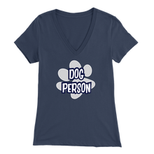 Load image into Gallery viewer, dog person design on a navy blue v-neck t-shirt for women dog lovers