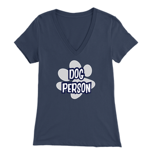 dog person design on a navy blue v-neck t-shirt for women dog lovers