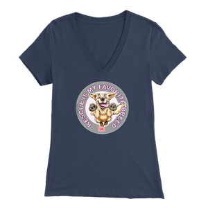 a womens blue v-neck shirt featuring the original Golden Retriever dog artwork by OMG You're Home!