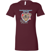 Load image into Gallery viewer, a womens burgundy shirt featuring the original German Shepherd dog artwork by OMG You&#39;re HOME! The text &quot;Emotional Support Human&quot; appears above the design in light blue letters. 