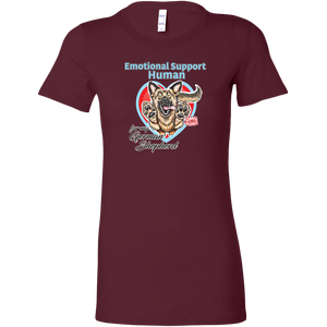 a womens burgundy shirt featuring the original German Shepherd dog artwork by OMG You're HOME! The text "Emotional Support Human" appears above the design in light blue letters. 