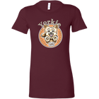a womans burgundy t-shirt with a yorkshire terrier dog drawing on the front
