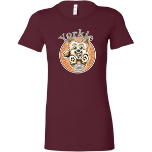 a womans burgundy t-shirt with a yorkshire terrier dog drawing on the front