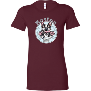 a woman's bergundy shirt with a Boston Terrier dog design by OMG You're Home