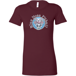 a women's dark red shirt with the Blue Nose pitbull design on the front