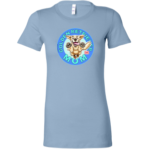 A women's light blue t-shirt featuring the OMG You're Home! Golden Retriever artwork 