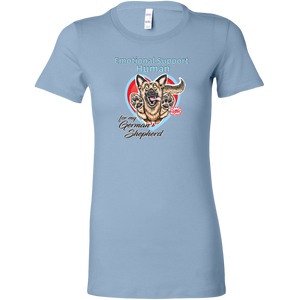 a womens light blue shirt featuring the original German Shepherd dog artwork by OMG You're HOME! The text "Emotional Support Human" appears above the design in light blue letters. 