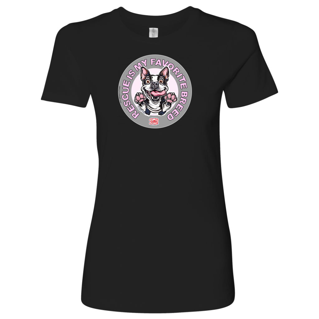 Next Level Womens black Shirt featuring the OMG You're Home! Boston Terrier design with 