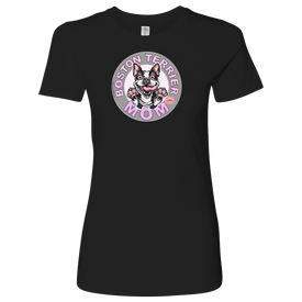 a black shirt with the OMG You're Home! Boston Terrier dog Mom design on the front in pink letters