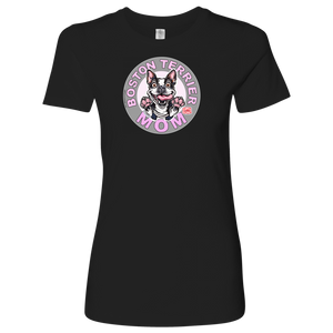 a black shirt with the OMG You're Home! Boston Terrier dog Mom design on the front in pink letters