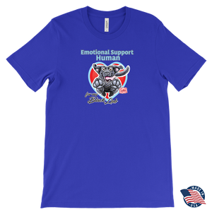 a royal blue Canvas brand made in the U.S.A. Mens T-Shirt for dog lovers featuring the Black Labrador Retriever in the Emotional Support Human collection