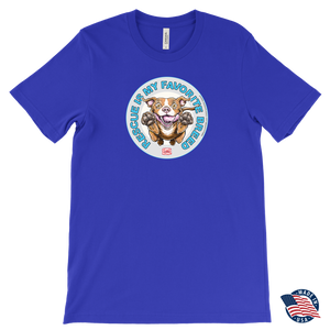 Front view of a mens royal blue T-Shirt by Canvas featuring the original Red Nose Pitbull artwork by OMG You're Home! Part of the "Rescue is my favorite breed" collection.